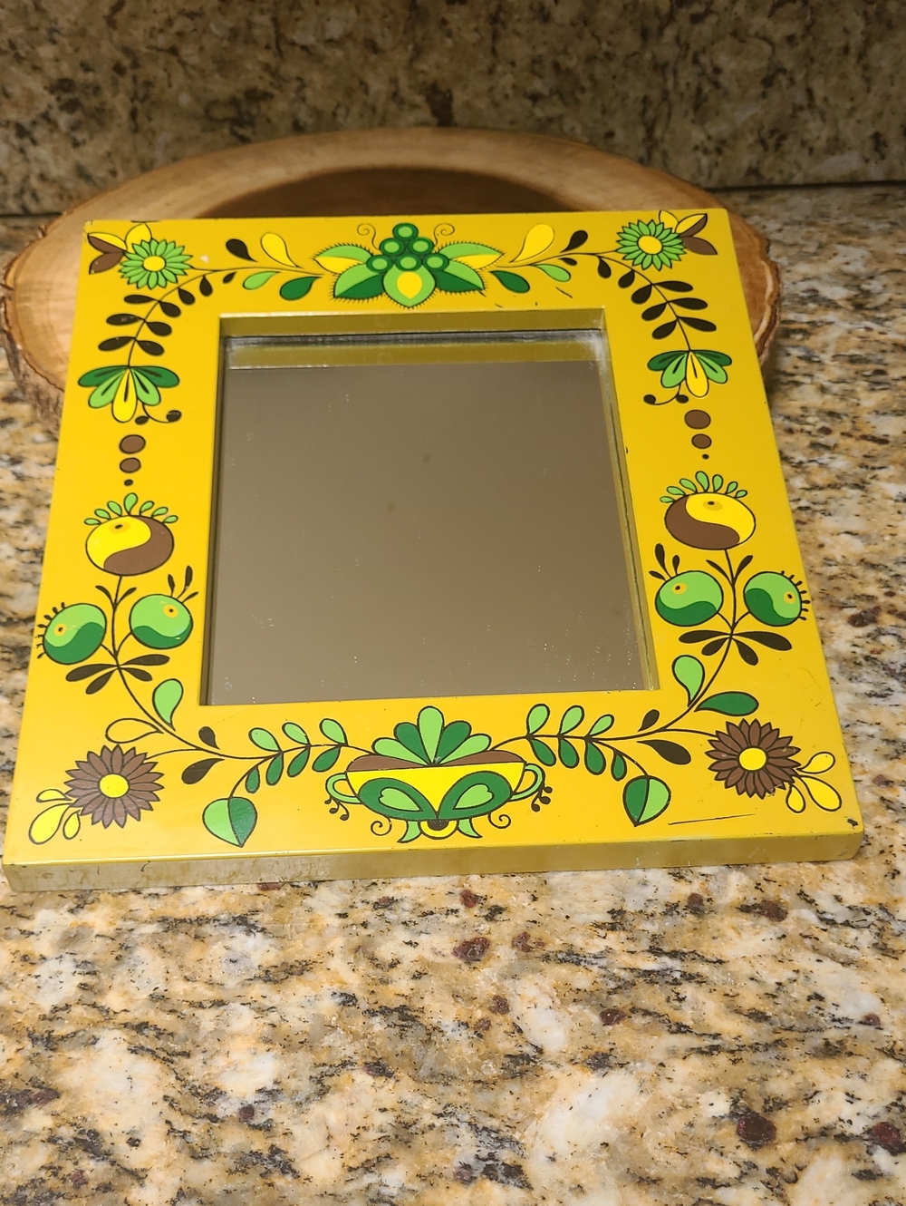 Vintage Yellow Floral Framed Mirror with Green Accents